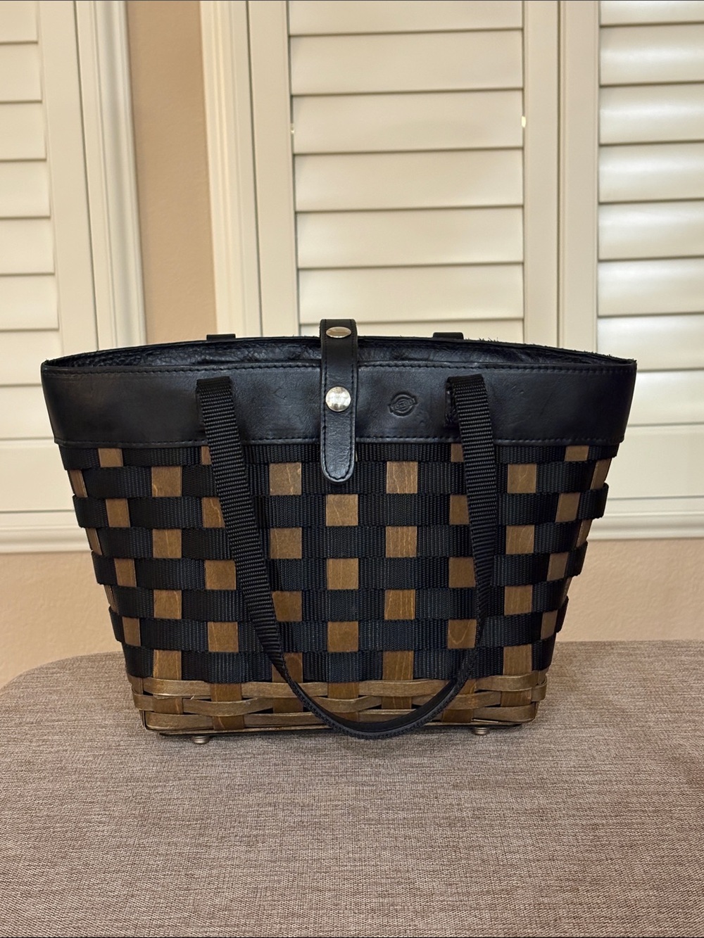 Longaberger Black and Brown Woven Leather-Trim Tote